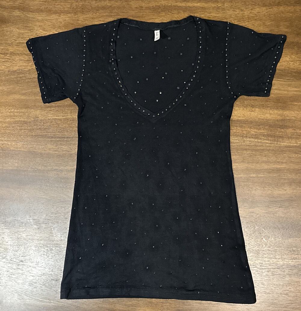 Frenchi Women’s Black Bedazzled Short Sleeve Shirt Size XS NWOT